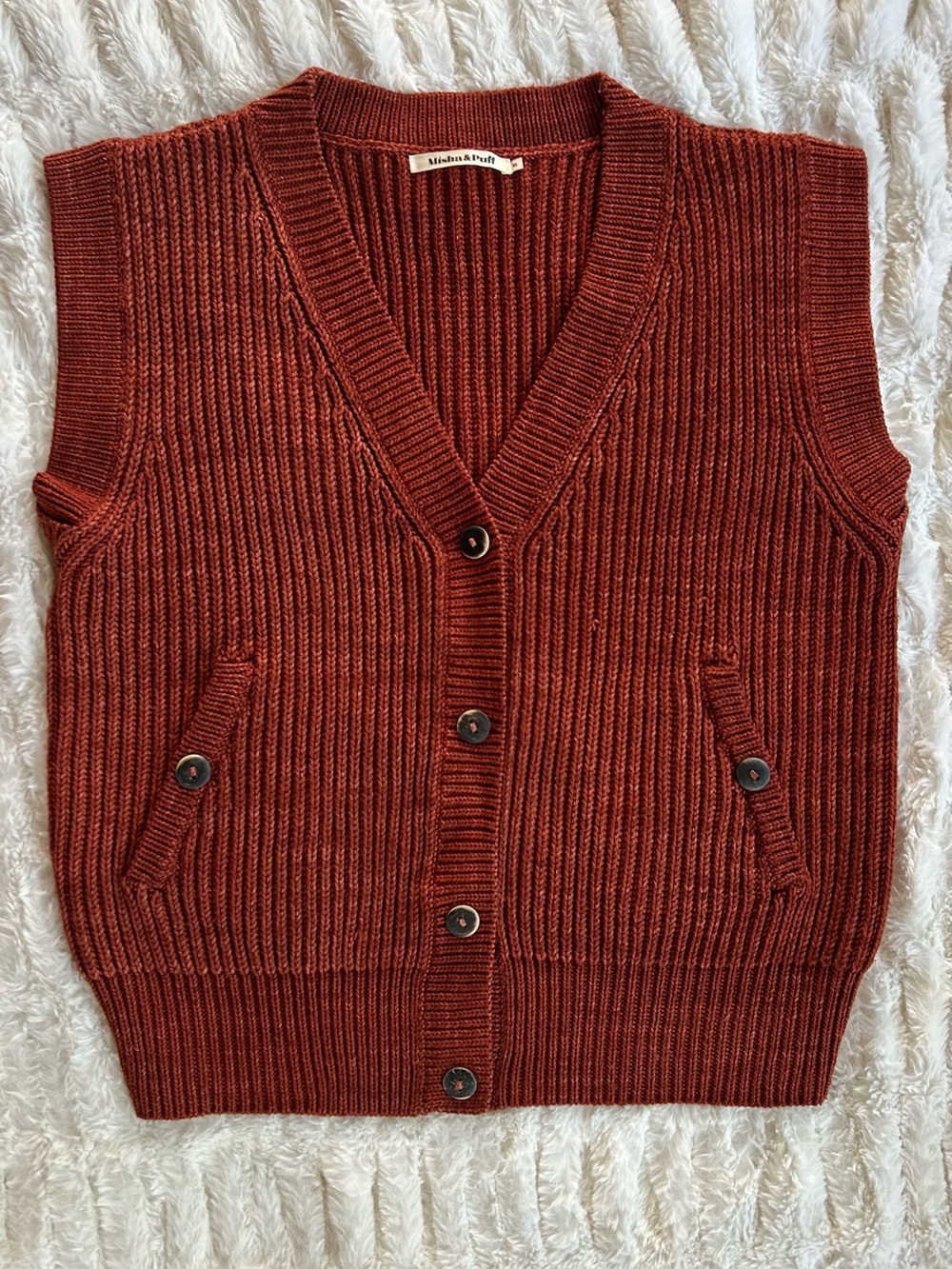Misha & Puff Merino Wool Fisher Rib Vest in Henna